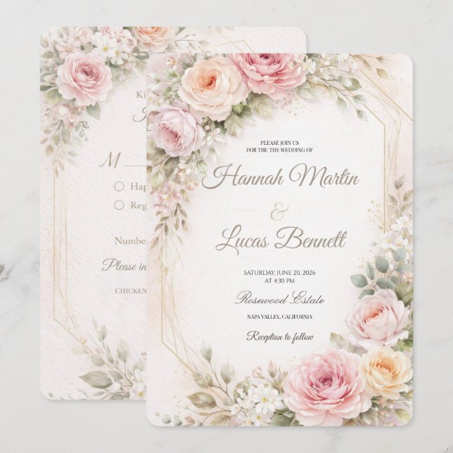 Romantic Blush Pink Floral Wedding Invitation Inbjudningar (Fram/baksida)