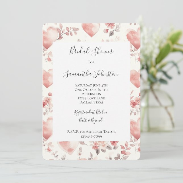 Romantic Blush Pink Hearts Floral Bridal Shower Inbjudningar (Stående Fram)