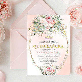 Romantic Blush Roses Bohemian Quinceañera Invite Inbjudningar