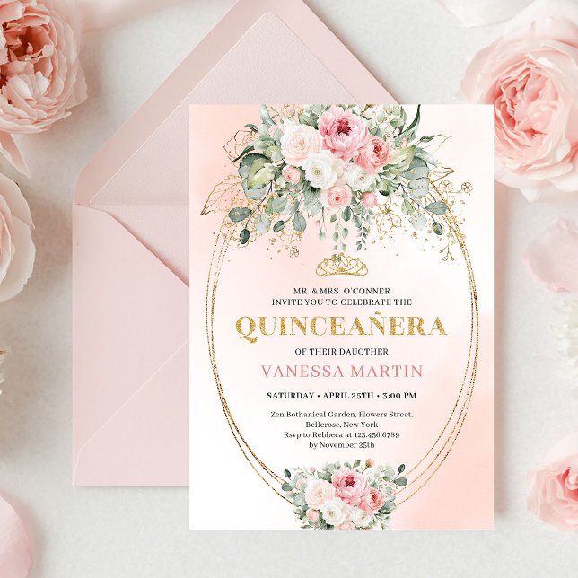 Romantic Blush Roses Bohemian Quinceañera Invite Inbjudningar (Romantic Blush Roses Bohemian Quinceañera Invitation)