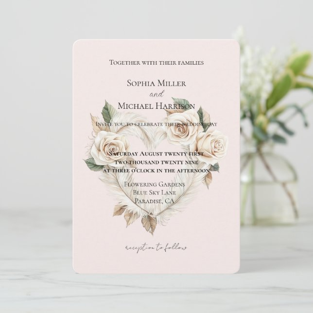 Romantic Blush Roses Feathers Floral Heart Wedding Inbjudningar (Stående Fram)