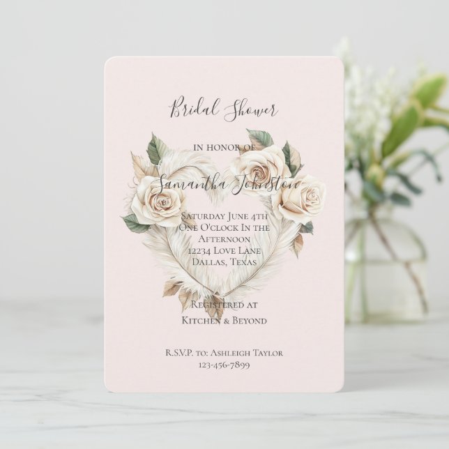 Romantic Blush Roses Feathers Heart Bridal Shower Inbjudningar (Stående Fram)