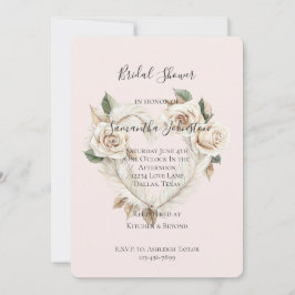 Romantic Blush Roses Feathers Heart Bridal Shower Inbjudningar