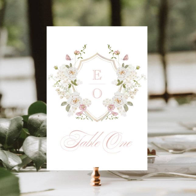 Romantic Blush White Monogram Crest Table Number Inbjudningar (Skapare uppladdad)