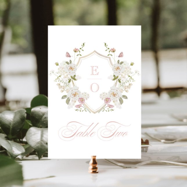 Romantic Blush White Monogram Crest Table Number Inbjudningar (Skapare uppladdad)