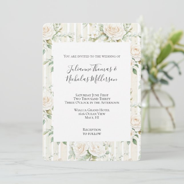 Romantic Blush White Roses Floral Stripes Wedding Inbjudningar (Stående Fram)