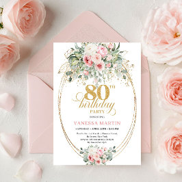 Romantic Bohemian Blush Floral Gold 80th Birthday Inbjudningar