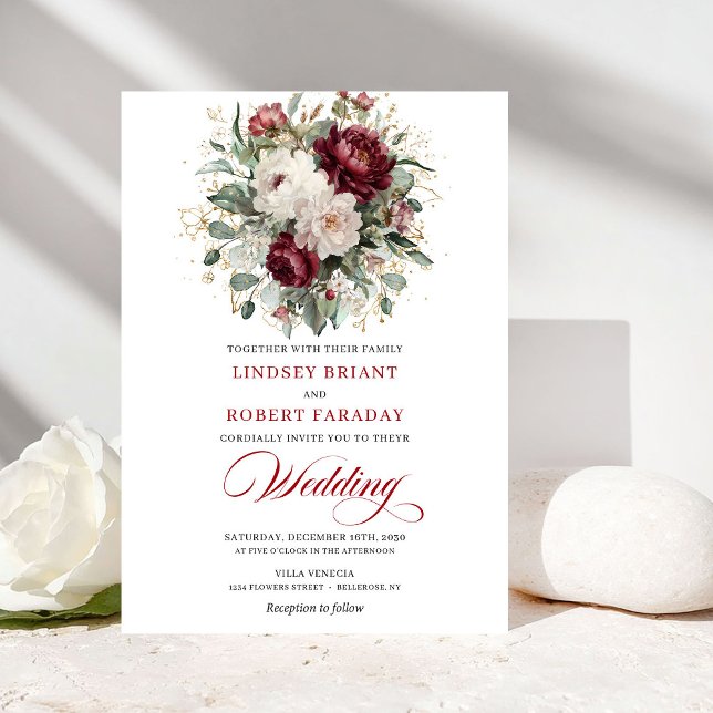 Romantic Bohemian Burgundy White Floral Wedding  Inbjudningar (Romantic Bohemian Burgundy White Floral Wedding Invite)