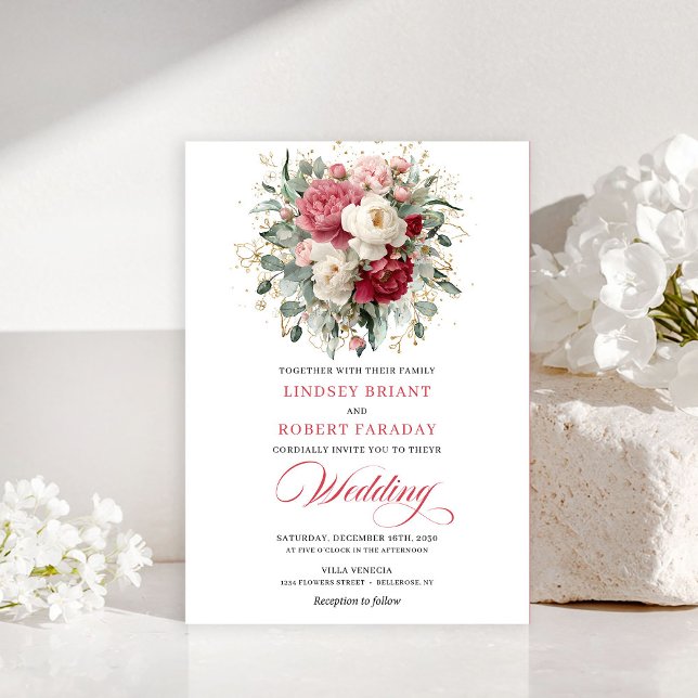 Romantic Bohemian Crimson Red White Gold Invites Inbjudningar (Romantic Bohemian Crimson Red White Gold Invitation)