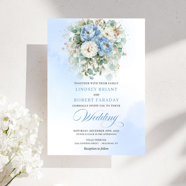 Romantic Bohemian Pastel Blue Peony Wedding Invite Inbjudningar (Romantic Bohemian Pastel Blue Peony Wedding Invite)