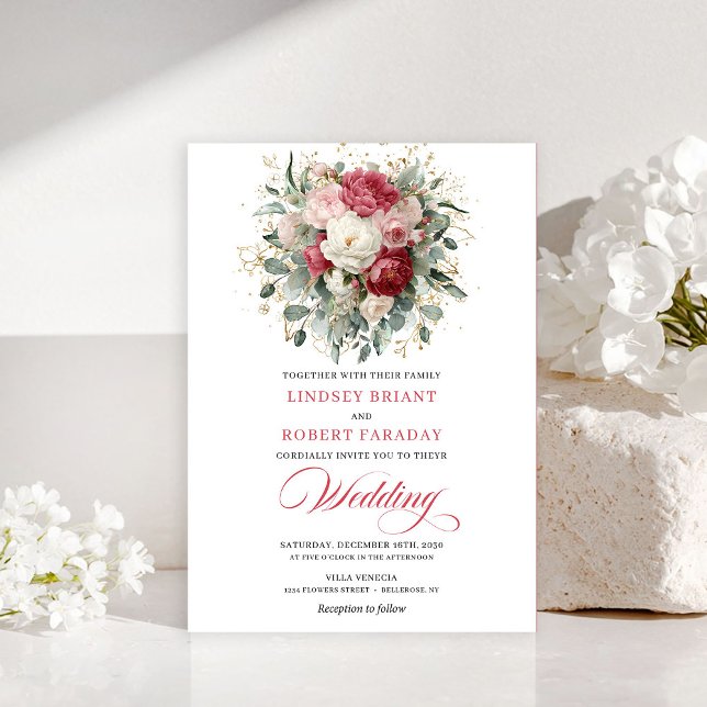 Romantic Bohemian Red White Greenery Gold Wedding Inbjudningar (Timeless Boho Blush White Gold Floral Wedding Invitation)