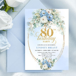 Romantic Boho Blue Peonies Gold 80th Birthday Inbjudningar