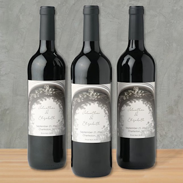 Romantic Boho Botanical Arch Bröllop Vinflaska Etikett (Romantic Boho Botanical Arch Wedding Wine Labels)