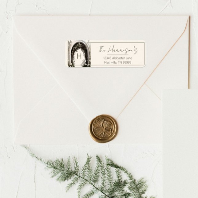 Romantic Boho Botanical Arch Monogram Adress Returadress Etikett (Romantic Boho Botanical Arch Monogram Wedding Address Labels)