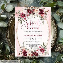 Romantic Boho Burgundy Blush Floral Sweet Sixteen Inbjudningar