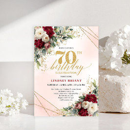 Romantic Boho Burgundy Floral Happy 70th Invitе Inbjudningar