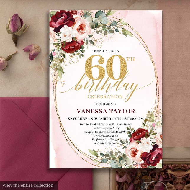 Romantic Boho Burgundy Gold Roses 60th Birthday Inbjudningar (Romantic Boho Burgundy Gold Roses 60th Birthday)