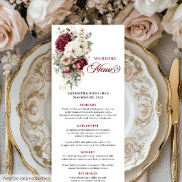 Romantic Boho Burgundy Vit ros Bröllop Menu Meny