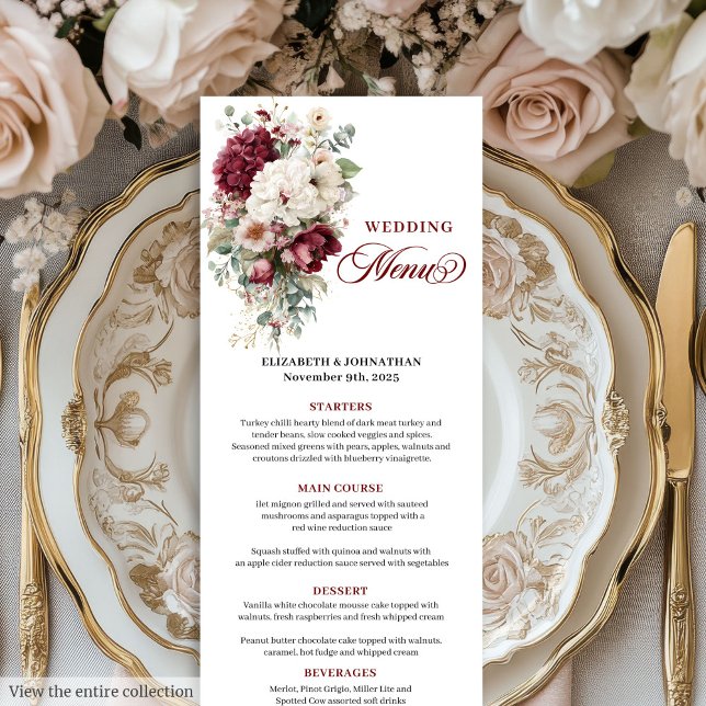 Romantic Boho Burgundy Vit ros Bröllop Menu Meny (Romantic Boho Burgundy White Rose Wedding Menu)