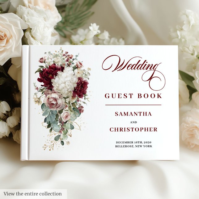 Romantic Boho Burgundy White Bröllop Guest Bok (Romantic Boho Burgundy White Wedding Guest Book)
