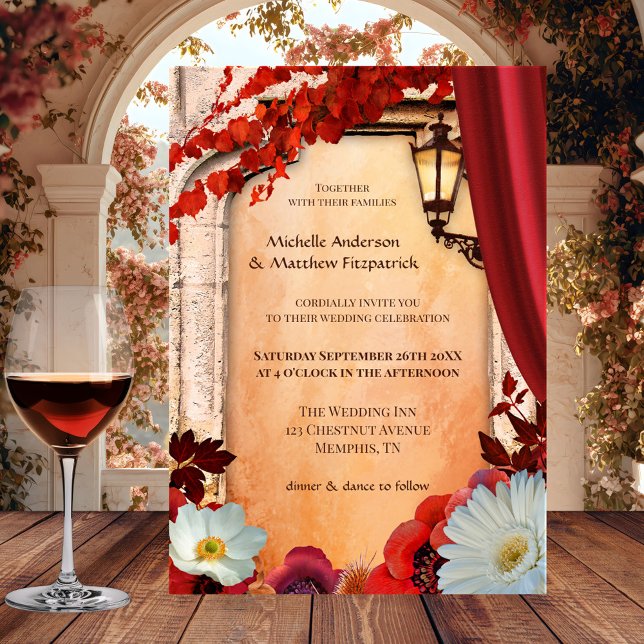 Romantic Boho Chic höstbröllopsinbjudan Inbjudningar (Italian wedding invitation featuring festive and colorful autumn leaves and romantic flowers)