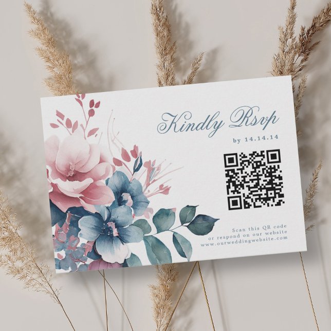 Romantic Boho Dusty Blue Blommigt Bröllop OSA QR (Romantic Boho Dusty Blue Floral Wedding RSVP QR)