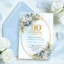 Romantic Boho Dusty Blue Flowers 90th Birthday Inbjudningar