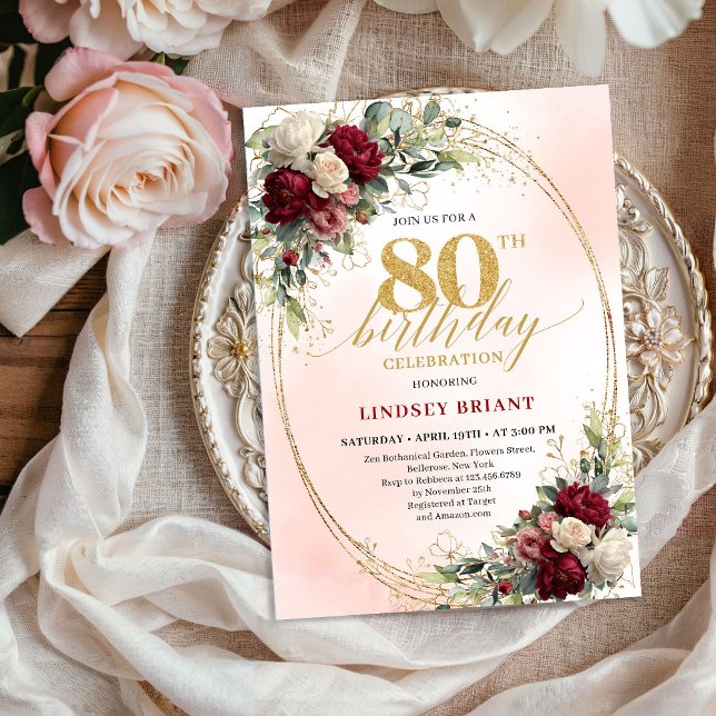 Romantic Boho Floral 80th Birthday Celebration  Inbjudningar (Romantic Boho Floral 80th Birthday Celebration Invite)