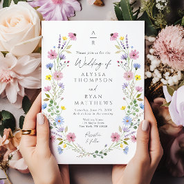 Romantic Boho Garden Wildblommonogram Bröllop Inbjudningar