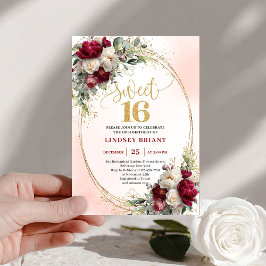 Romantic Boho Merlot Gold Floral Sweet Sixteen  Inbjudningar