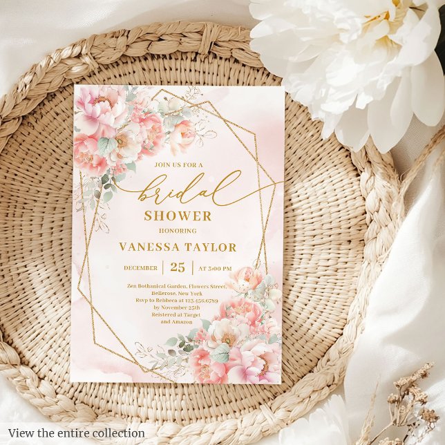 Romantic Boho  Möhippan Guld Glitter Inbjudningar (Romantic Boho Blush Gold Glitter Bridal Shower Invite)