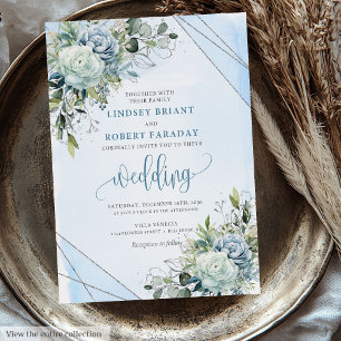 Romantic Boho Pastel Blue Silver Peonies Bröllop Inbjudningar