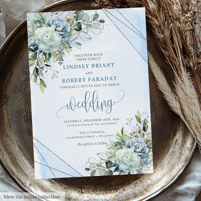Romantic Boho Pastel Blue Silver Peonies Bröllop Inbjudningar (Romantic Boho Pastel Blue Silver Peonies Wedding Invitation)