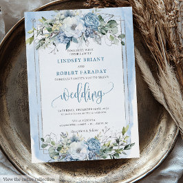 Romantic Boho Pastel Blue White Silver Flowers Inbjudningar