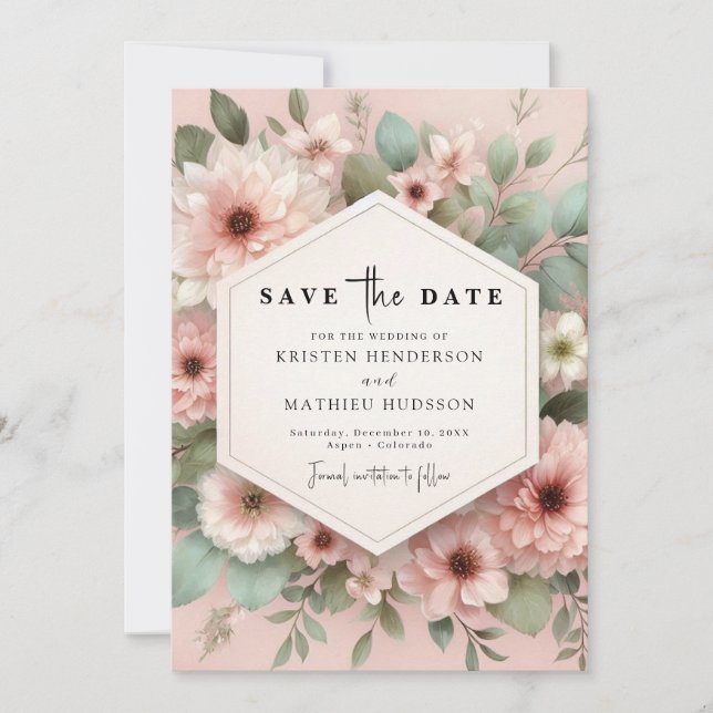 Romantic Boho Rosa Blommigt Bröllop Spara Datumet (Framsida)