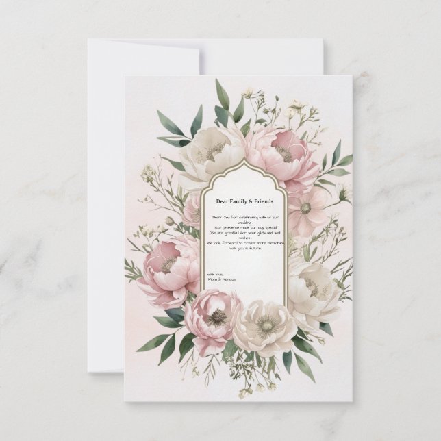 Romantic Boho Rosa Peonies & Ivory Blommigt Bröllo Tack Kort (Framsida)