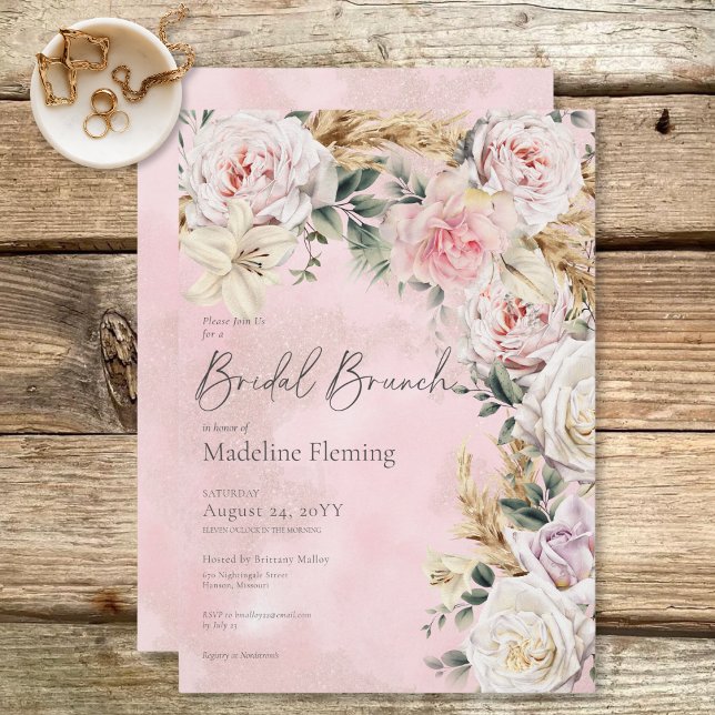 Romantic Boho Rosa ros & Pampas Möhippa Brunch Inbjudningar (Romantic Boho Pink Roses & Pampas Bridal Brunch Invitation)