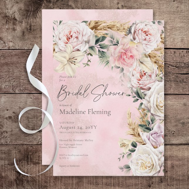Romantic Boho Rosa ros & Pampas Möhippa Inbjudningar (Romantic Boho Pink Roses & Pampas Bridal Shower Invitation)