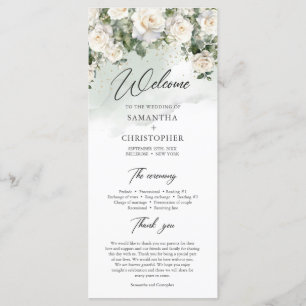 Romantic boho vit ros och Greenery bröllop Program