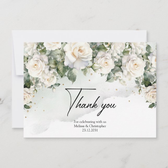 Romantic boho vit ros och greenery & guld tack kort (Framsida)