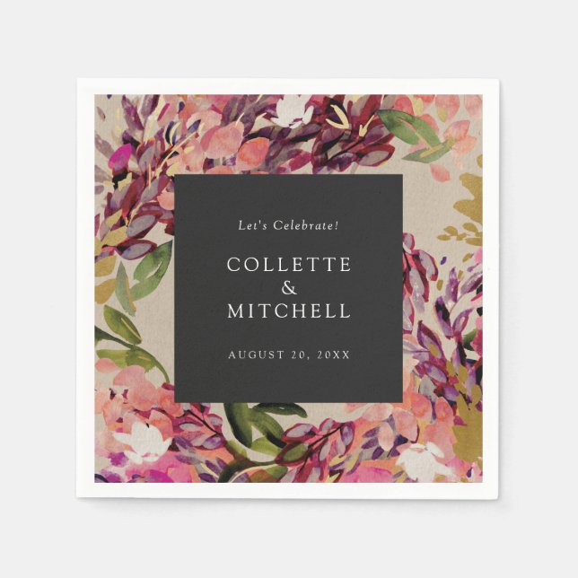 Romantic Bouquet Shock rosa Black Bröllop Pappersservett (Framsidan)