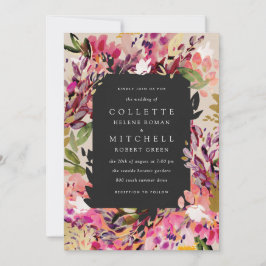 Romantic Bouquet Shock rosa Black Guld Bröllop Inbjudningar