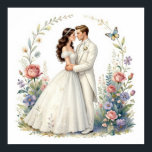 Romantic Bride Groom Floral Elegant Wedding Couple Poster<br><div class="desc">Romantic watercolor-style bride and groom embracing forehead-to-forehead in elegant off-shoulder wedding gown and tuxedo, framed by delicate floral vines, roses, wildflowers, butterflies and soft pastel garden background. Ethereal, dreamy, vintage-inspired illustration perfect for wedding decor, anniversary gifts, romantic wall art, bridal shower, invitations, canvas prints, posters, t-shirts, mugs, pillows, tote bags...</div>