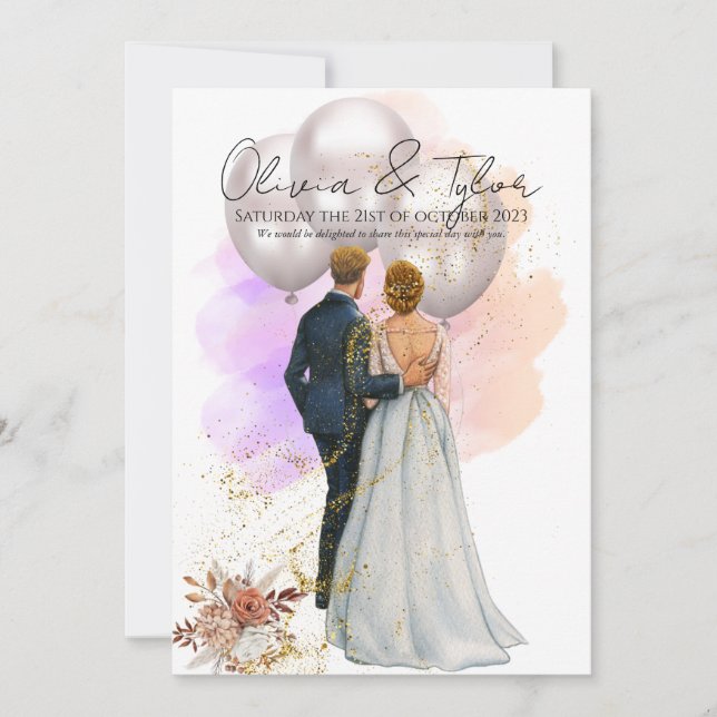 Romantic Bride & Groom with Balloons Inbjudningar (Framsida)