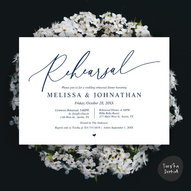 Romantic Bröllop Ceremony och Dinner Rehearsal Inbjudningar (Romantic Wedding Ceremony and Dinner Rehearsal Invitation Card, PDF, Navy Blue)