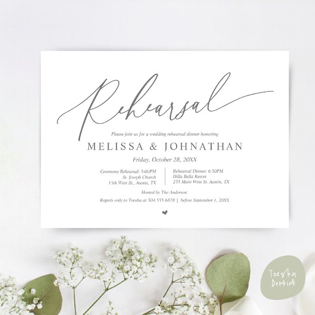 Romantic Bröllop Ceremony och Dinner Rehearsal Inbjudningar (Romantic Wedding Ceremony and Dinner Rehearsal Invitation Card, PDF, Dark Grey)