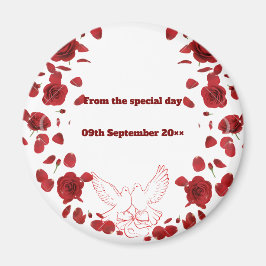 Romantic Bröllop Date Magnet - Röd ros & Doves D