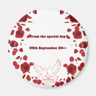 Romantic Bröllop Date Magnet - Röd ros & Doves D