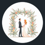 Romantic Bröllop Moment Sticker Runt Klistermärke<br><div class="desc">Perfekten för bröllop är ett vackert illustrerat brud och en blomsterlapp som symboliserar kärlek och firande.</div>