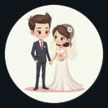 Romantic Bröllop par Sticker Runt Klistermärke<br><div class="desc">Teknisk tecknad illustrerar ett nytt par som håller händer,  perfekt för att lägga till en romantisk beröring till ett meddelande eller hälsning.</div>